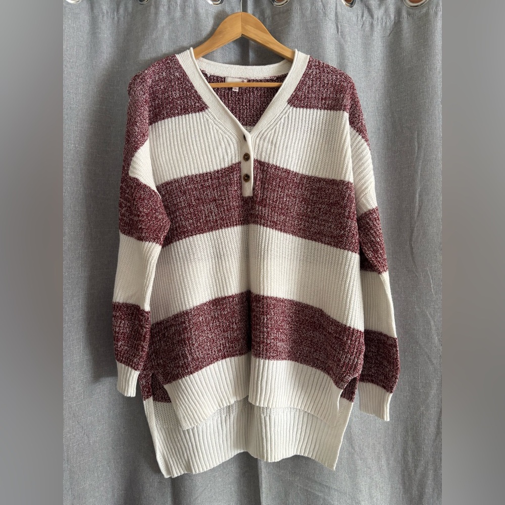 SO Burgundy and Cream Striped Buttoned Sweater
